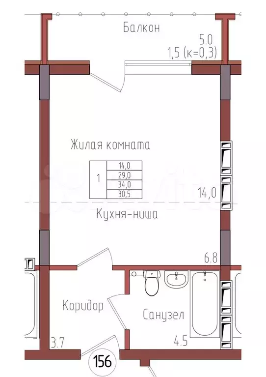 1-к. квартира, 30,5м, 2/9эт. - Фото 0