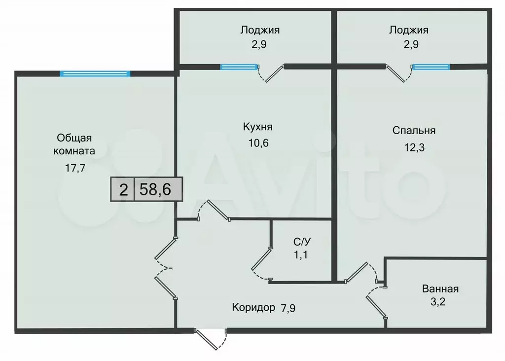 2-к. квартира, 58,6 м, 2/5 эт. - Фото 1