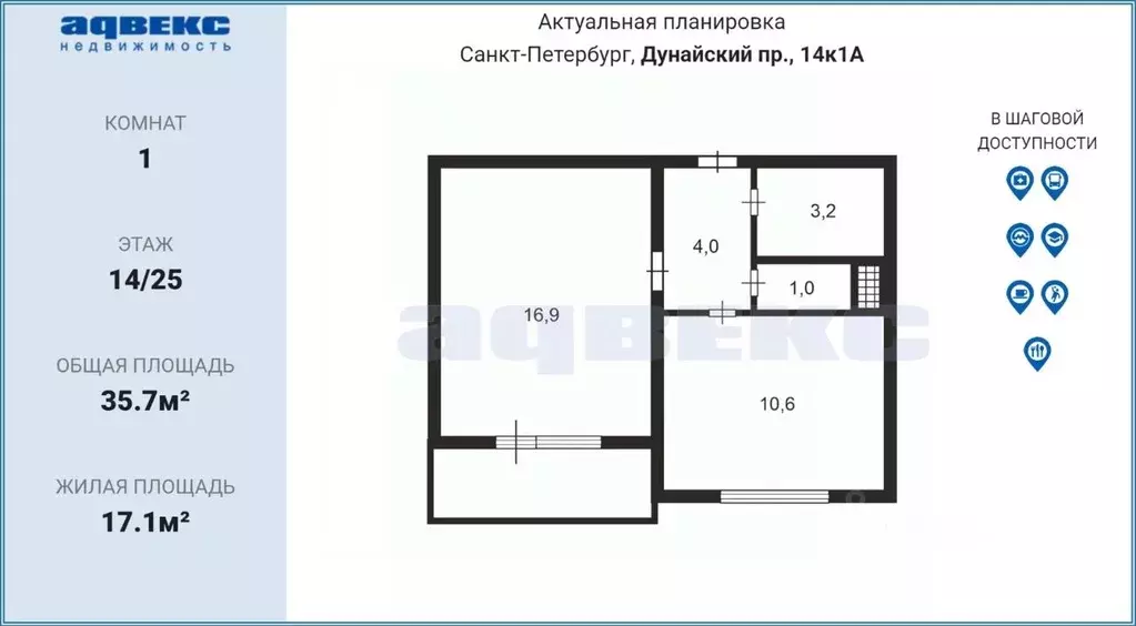1-к кв. Санкт-Петербург Дунайский просп., 14к1 (35.7 м) - Фото 2