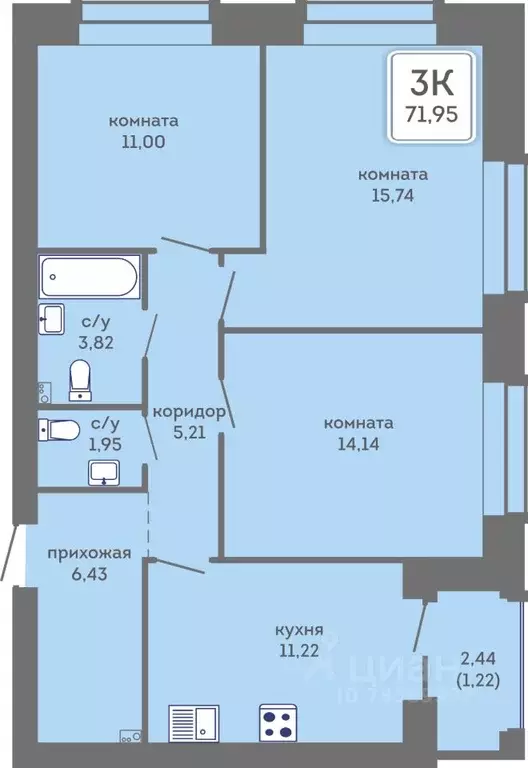 3-к кв. Пермский край, Пермь Кировоградская ул., 28 (71.95 м) - Фото 1