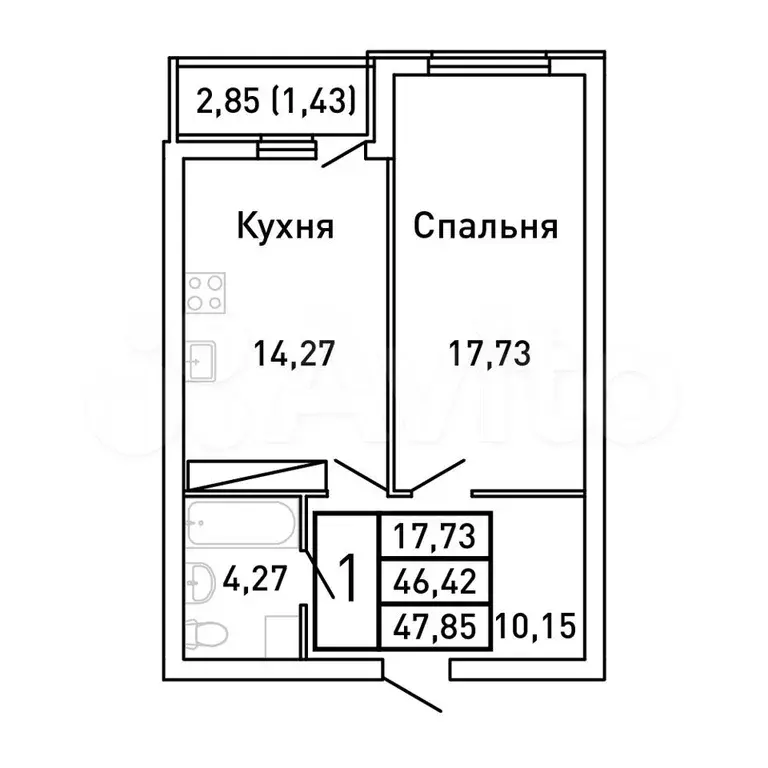 1-к. квартира, 47,9 м, 23/25 эт. - Фото 0