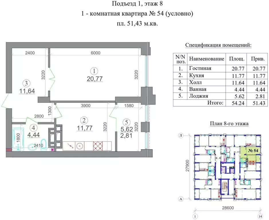 1-комнатная квартира: Владикавказ, ЖК Эко-квартал Алания (51.43 м) - Фото 1