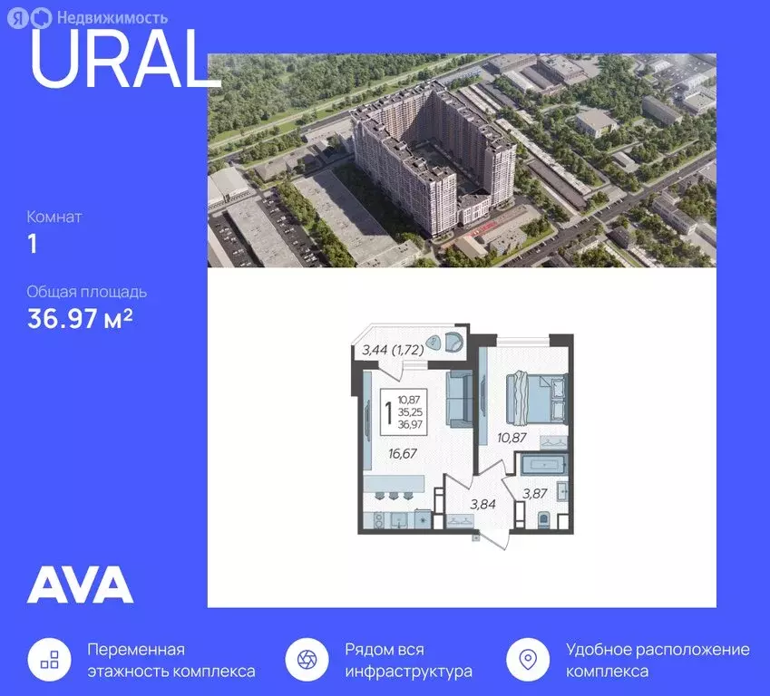 1-комнатная квартира: Краснодар, Уральская улица, 87/7 (36.97 м) - Фото 0