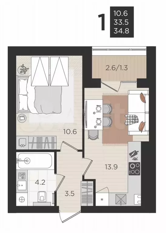 1-к. квартира, 33,5 м, 4/4 эт. - Фото 1