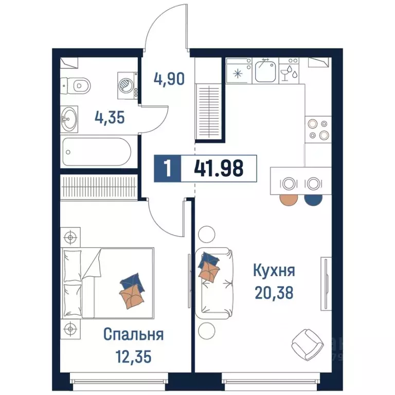 1-к кв. Ленинградская область, Мурино Всеволожский район,  (41.98 м) - Фото 0