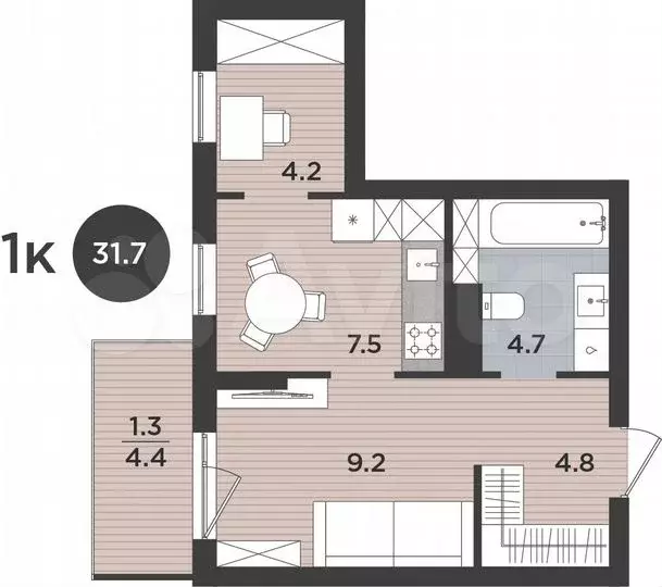 1-к. квартира, 31,7 м, 6/9 эт. - Фото 1