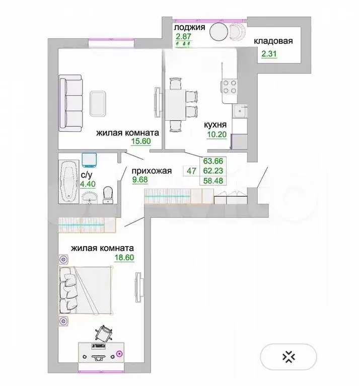 2-к. квартира, 63 м, 4/9 эт. - Фото 1