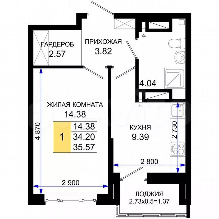 1-к. квартира, 35,6 м, 21/24 эт. - Фото 1