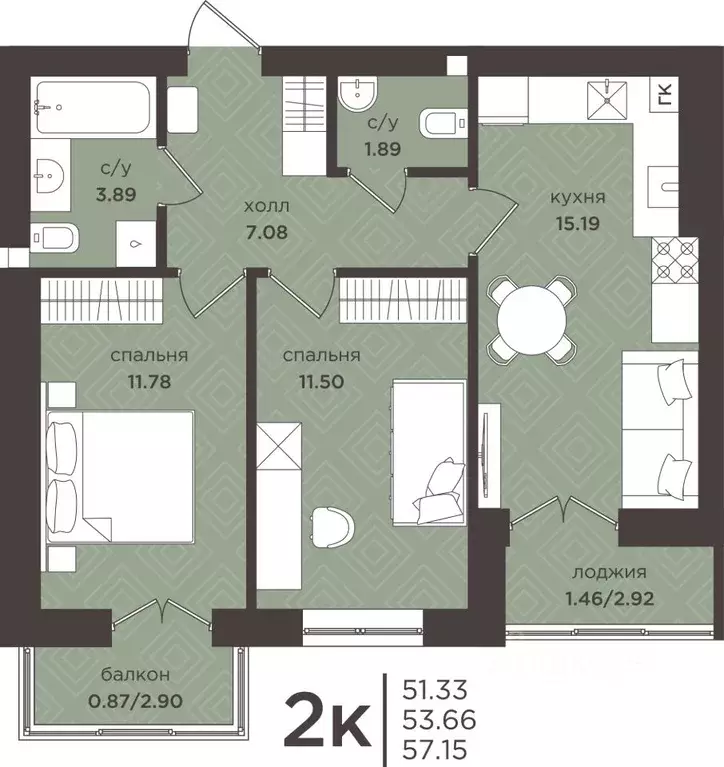 2-к кв. Калининградская область, Гурьевск  (53.66 м) - Фото 1