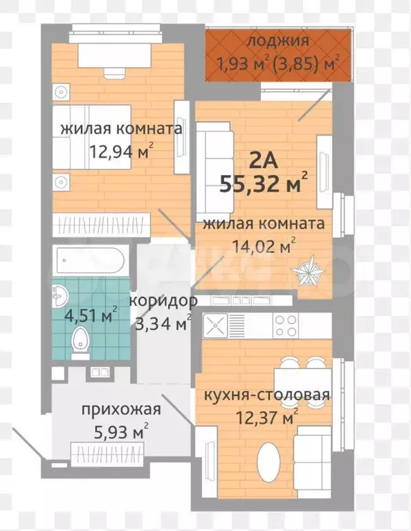 2-к. квартира, 42,7 м, 2/3 эт. - Фото 0