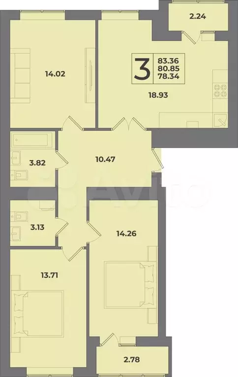 3-к. квартира, 83,4 м, 4/9 эт. - Фото 1