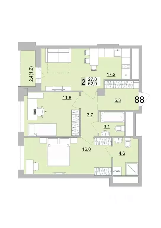 2-к кв. Свердловская область, Екатеринбург ул. Черкасская, 5к3 (62.9 ... - Фото 1