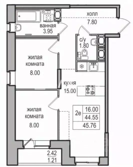 Квартира, 2 комнаты, 44.5 м - Фото 1