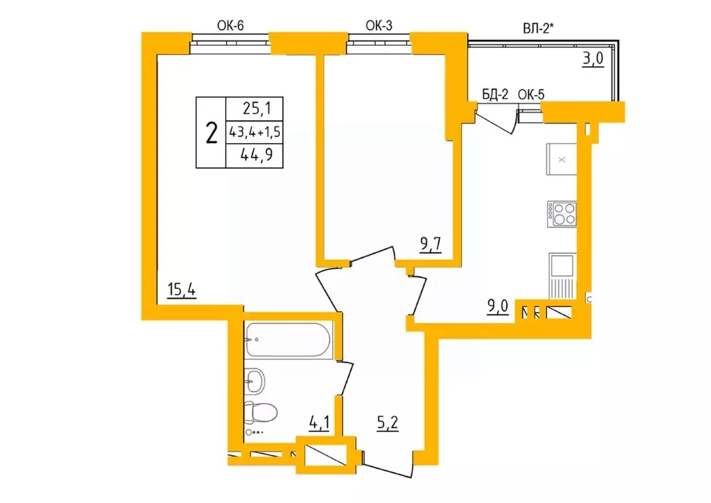 2-к кв. Башкортостан, Уфа Инорс-4Б мкр, Акварель жилой комплекс (44.4 ... - Фото 1