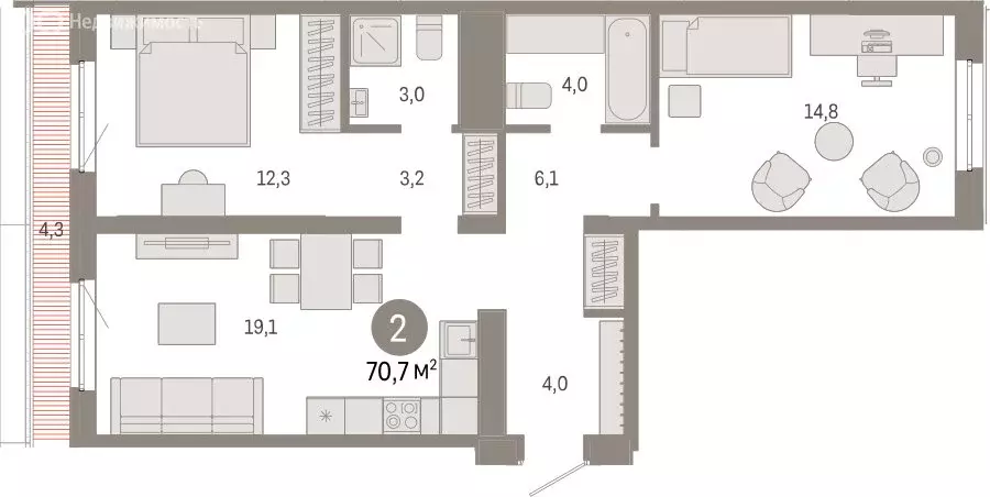 2-комнатная квартира: Екатеринбург, улица Советских Женщин (70.7 м) - Фото 1