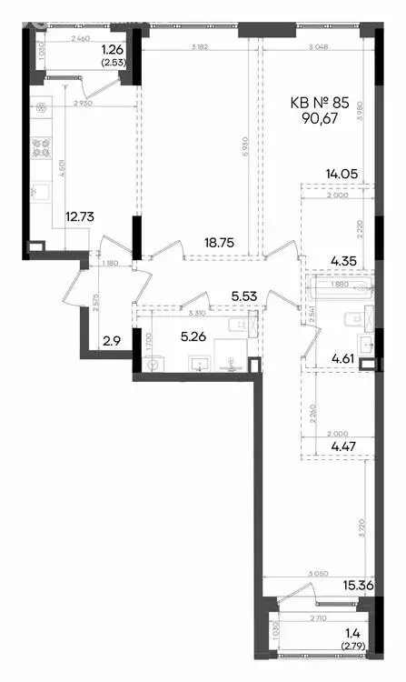 3-комнатная квартира: Казань, улица Аделя Кутуя, 181Ж (90.67 м) - Фото 0