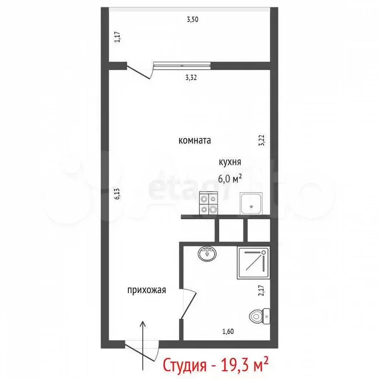 Квартира-студия, 19,3 м, 4/8 эт. - Фото 1