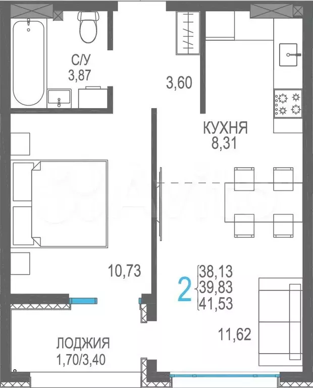 2-к. квартира, 39,8 м, 6/8 эт. - Фото 0