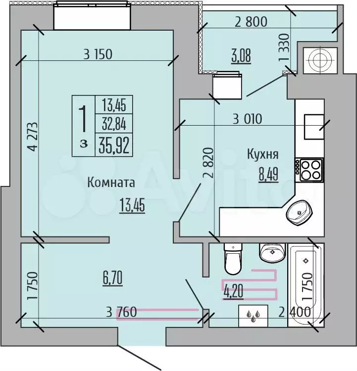 1-к. квартира, 35,9 м, 8/10 эт. - Фото 1