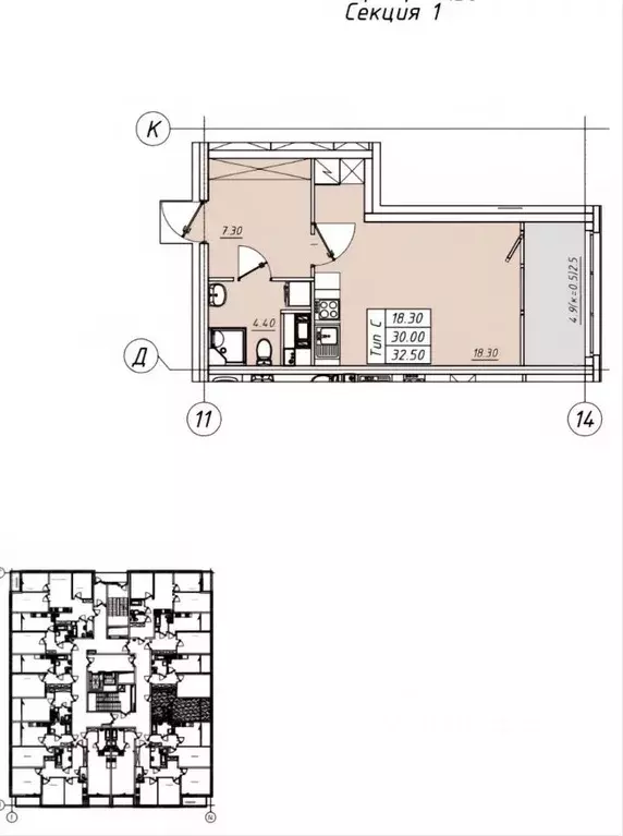 Студия Санкт-Петербург пос. Шушары, ул. Окуловская, 13 (32.5 м) - Фото 1