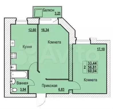 2-к. квартира, 60 м, 7/9 эт. - Фото 0