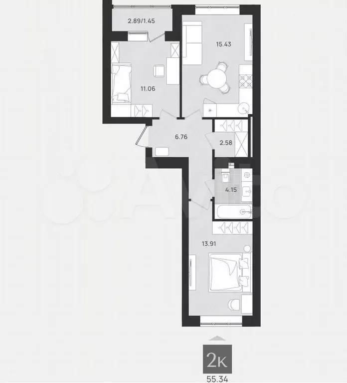 2-к. квартира, 55,4 м, 5/9 эт. - Фото 1