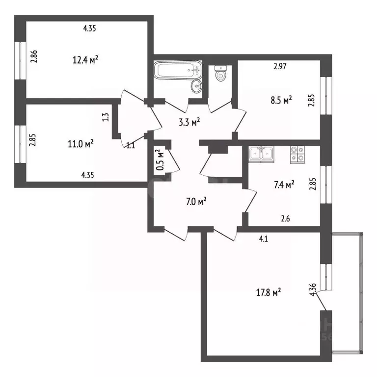 4-к кв. Челябинская область, Миасс ул. Жуковского, 2 (73.9 м) - Фото 2