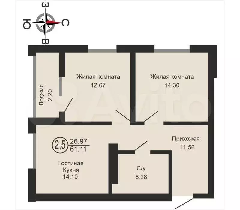 2-к. квартира, 61,1 м, 18/18 эт. - Фото 1