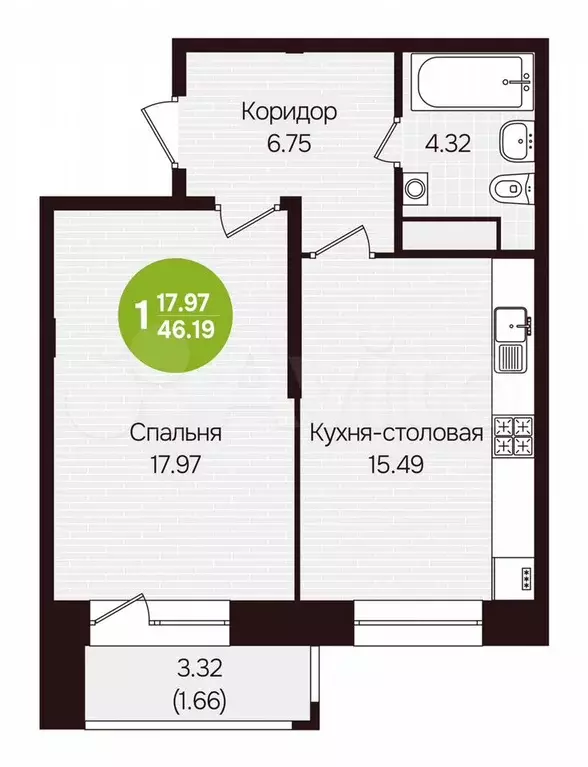 1-к. квартира, 46,2 м, 6/12 эт. - Фото 0