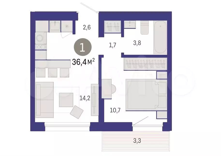 1-к. квартира, 36,4 м, 8/9 эт. - Фото 0