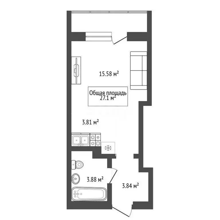 Квартира-студия: Новосибирск, Светлановская улица, 52/2 (27.1 м) - Фото 1