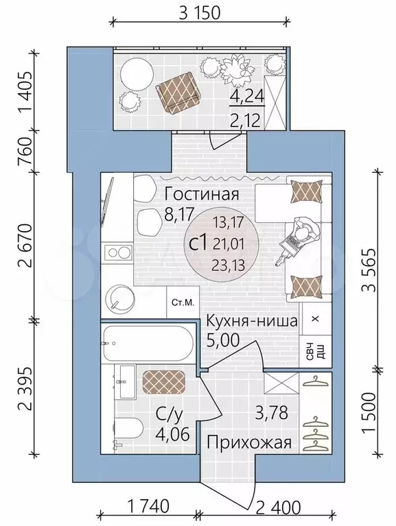 Квартира-студия, 23,1 м, 2/16 эт. - Фото 0