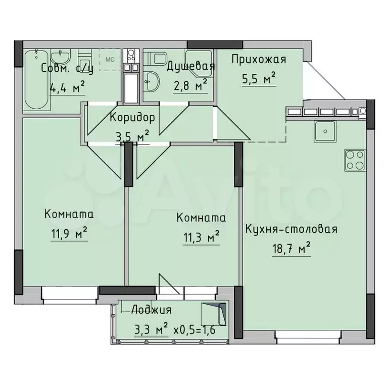 2-к. квартира, 58,1 м, 9/18 эт. - Фото 0