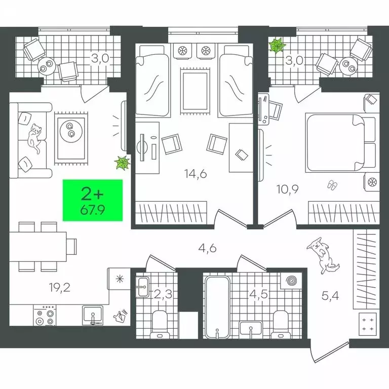 2-комнатная квартира: Тюмень, улица Николая Глебова, 10 (67.98 м) - Фото 2