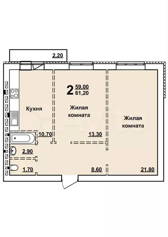 2-к. квартира, 61,7 м, 7/10 эт. - Фото 0