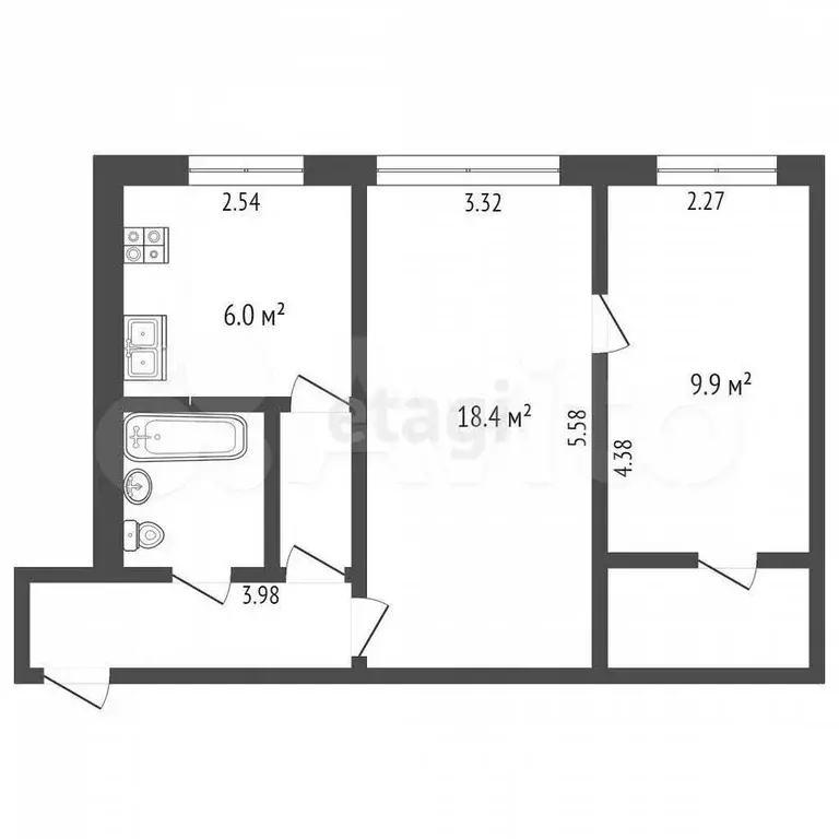 2-к. квартира, 46 м, 2/5 эт. - Фото 0