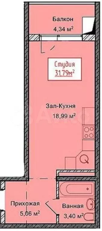 Квартира-студия, 31,8 м, 5/13 эт. - Фото 1