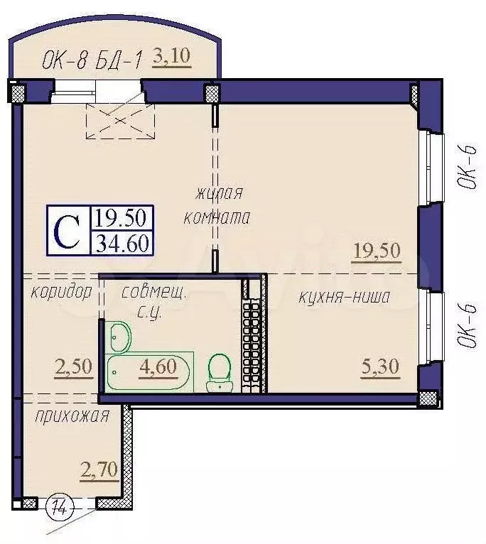 Квартира-студия, 34,6 м, 11/16 эт. - Фото 0