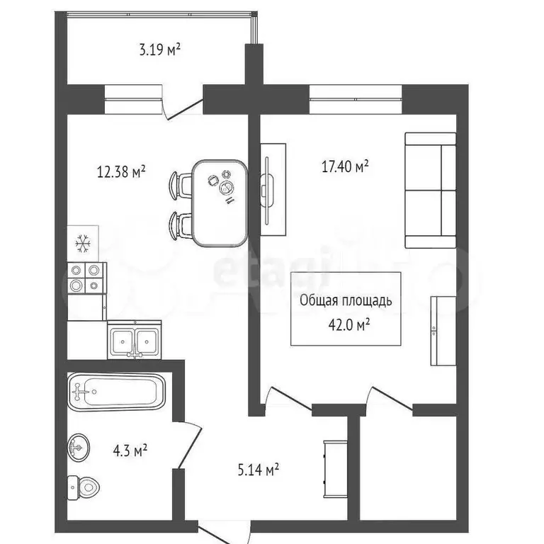 1-к. квартира, 42 м, 1/5 эт. - Фото 1