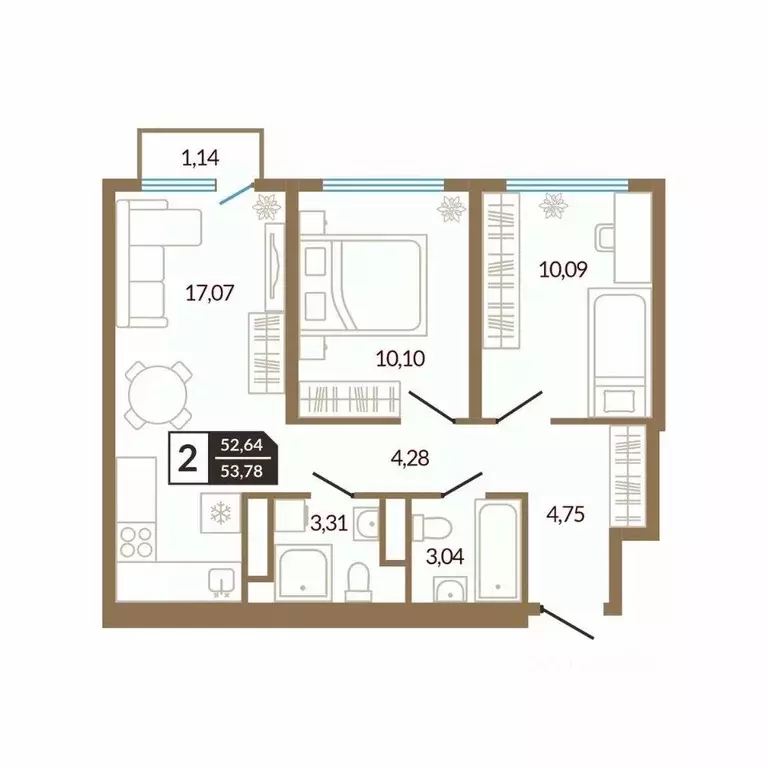 2-к кв. Тюменская область, Тюмень Концепт жилой комплекс (53.78 м) - Фото 1