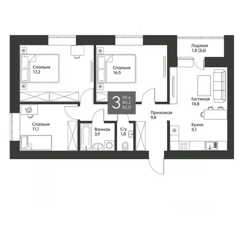3-к кв. Татарстан, Альметьевск ул. Гафиатуллина, 60 (82.0 м) - Фото 0