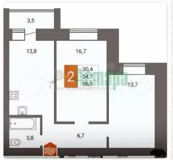 2-к. квартира, 56,5 м, 15/16 эт. - Фото 0
