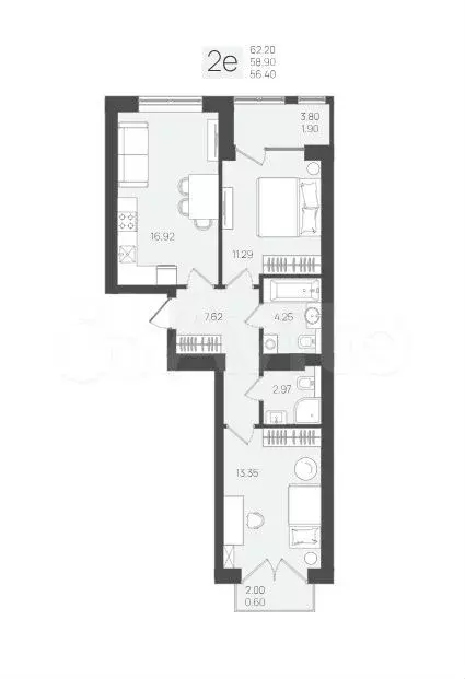 2-к. квартира, 58,3 м, 5/5 эт. - Фото 1