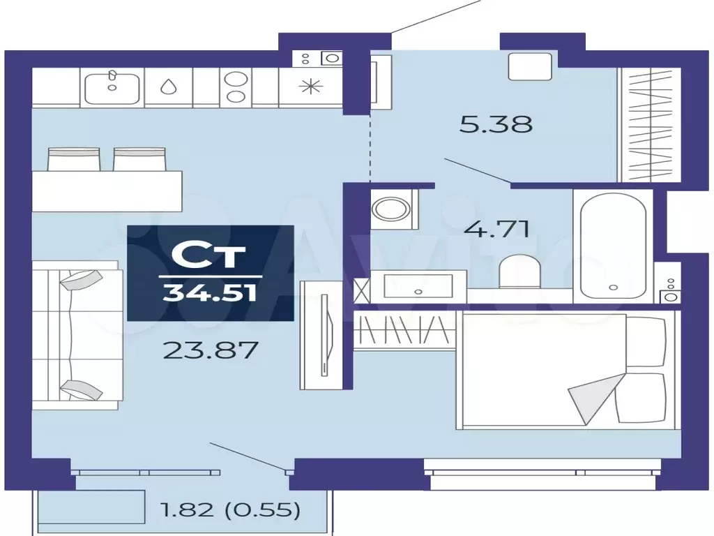 Квартира-студия, 34,5 м, 4/14 эт. - Фото 1