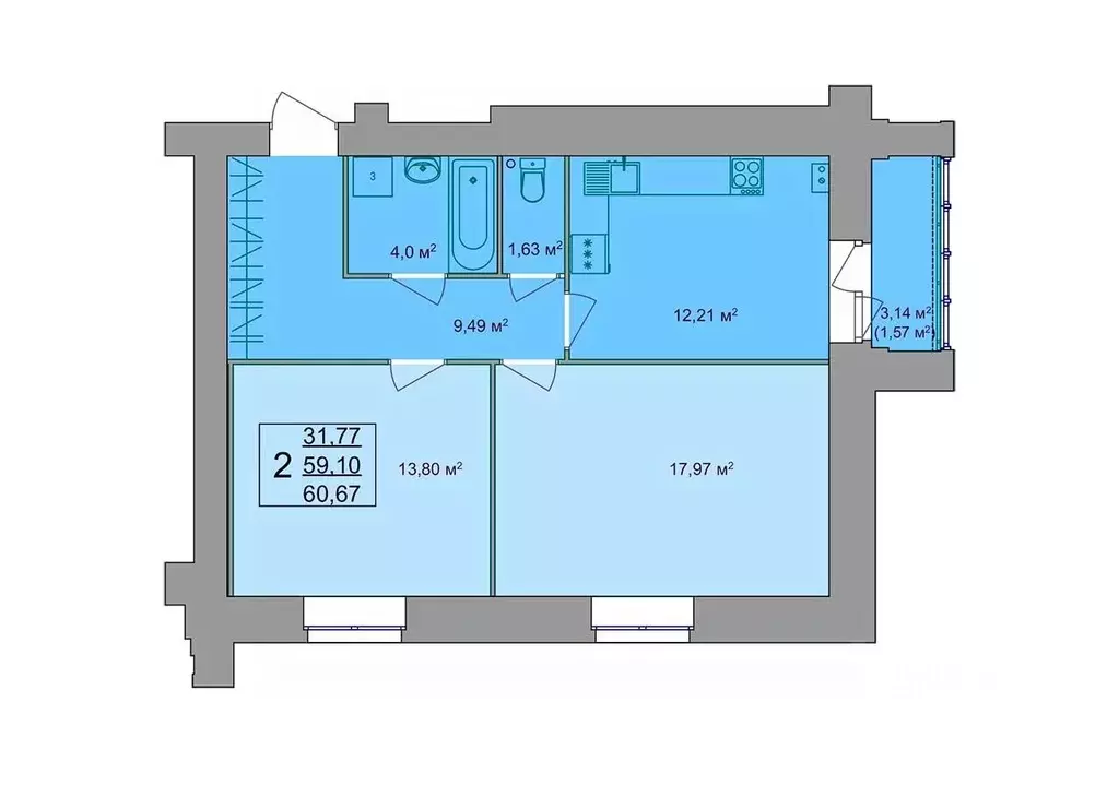 2-к кв. Костромская область, Кострома Привокзальная ул., 12 (60.67 м) - Фото 1