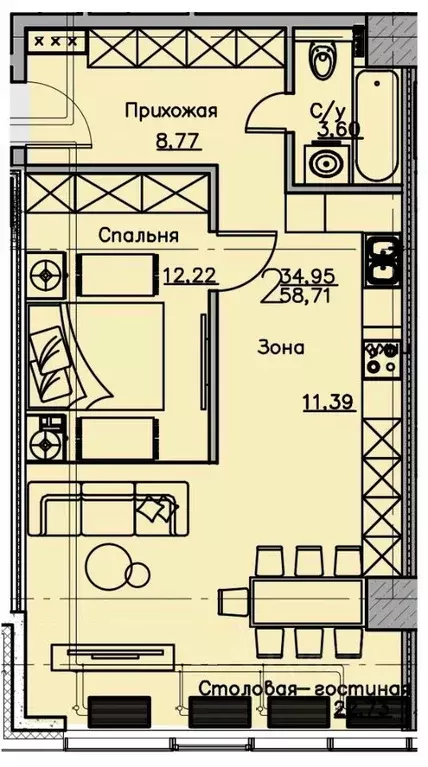 Студия Воронежская область, Воронеж ул. Куколкина, 18 (58.71 м) - Фото 0
