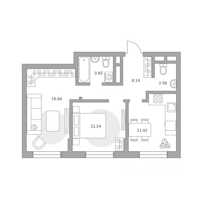 Квартира, 2 комнаты, 53.92 м - Фото 1