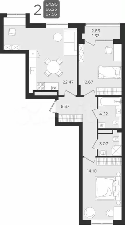 2-к. квартира, 66,6 м, 3/9 эт. - Фото 1