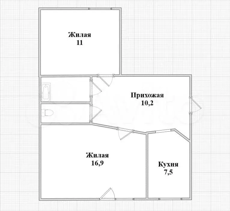 2-к. квартира, 49,5 м, 2/3 эт. - Фото 0