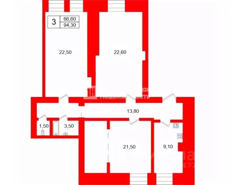 3-к кв. Санкт-Петербург Малая Садовая ул., 3/54 (94.3 м) - Фото 2